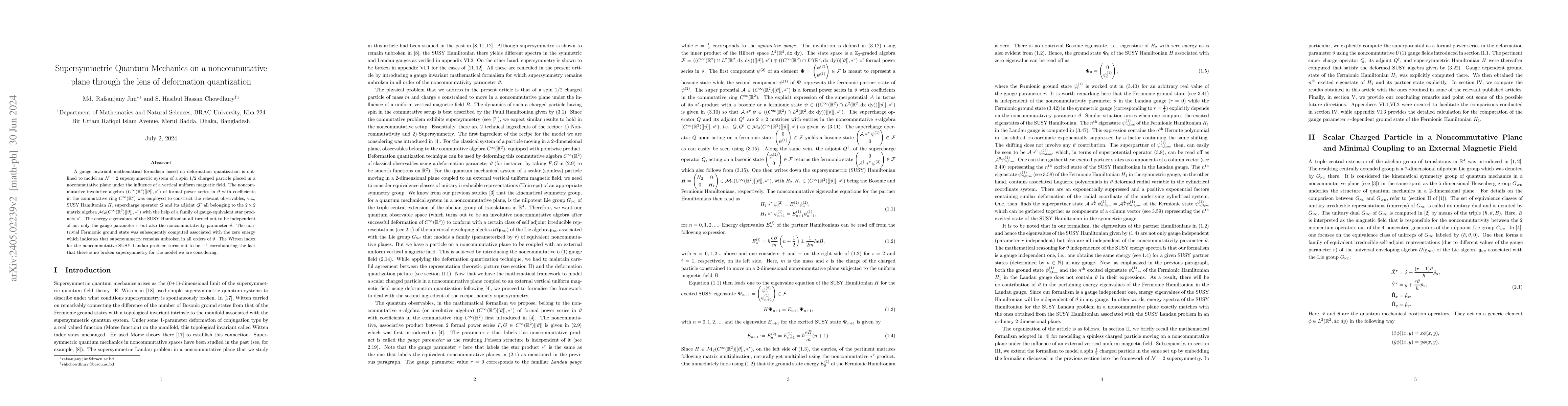 Thumbnail for Supersymmetric Quantum Mechanics on a noncommutative plane through the
  lens of deformation quantization