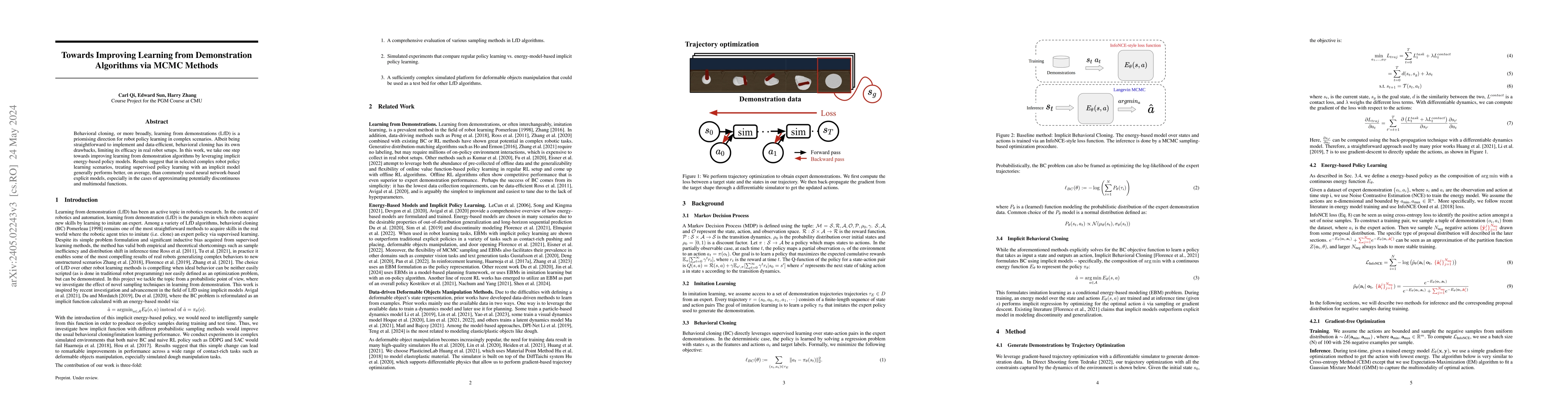 Thumbnail for Towards Improving Learning from Demonstration Algorithms via MCMC
  Methods