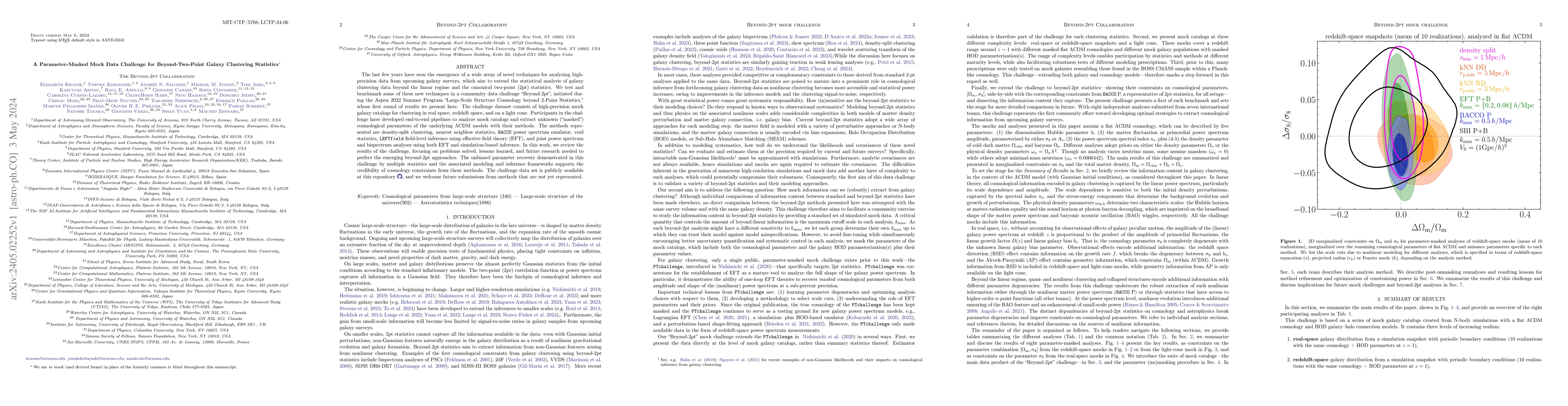 Thumbnail for A Parameter-Masked Mock Data Challenge for Beyond-Two-Point Galaxy
  Clustering Statistics