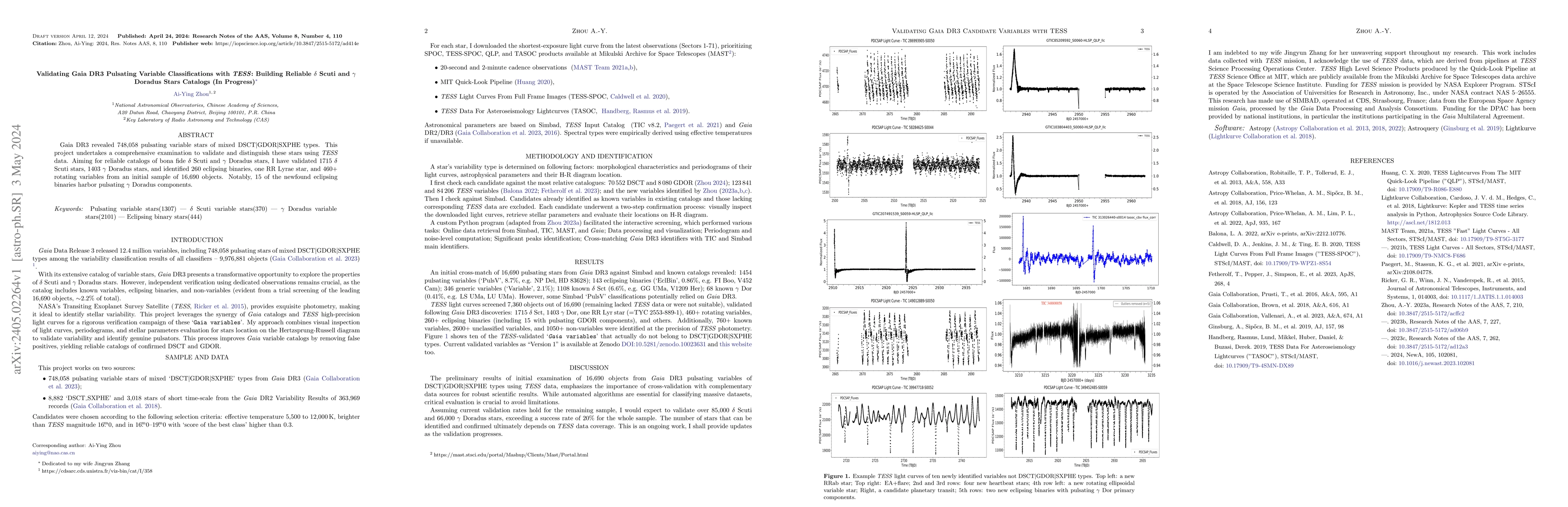 Thumbnail for Validating Gaia DR3 Pulsating Variable Classifications with TESS:
  Building Reliable $\delta$ Scuti and $\gamma$ Doradus Stars Catalogs (In
  Progress)