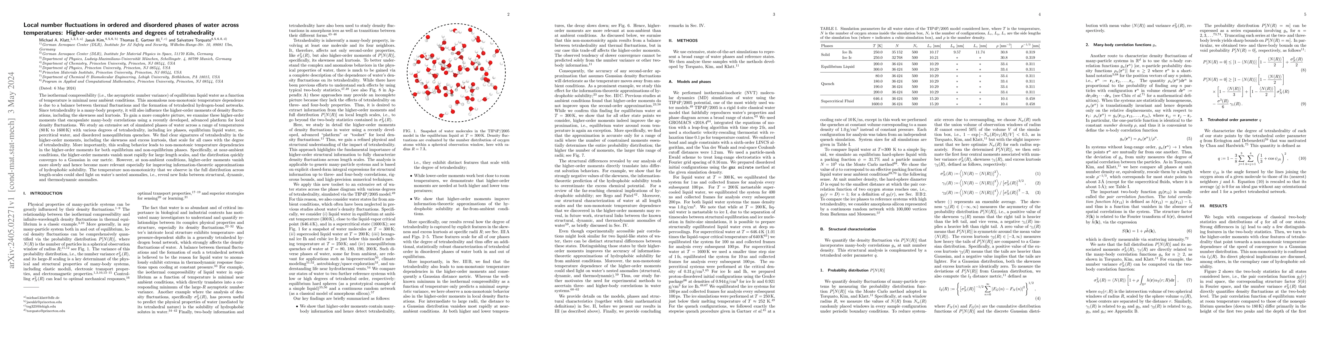 Thumbnail for Local number fluctuations in ordered and disordered phases of water
  across temperatures: Higher-order moments and degrees of tetrahedrality