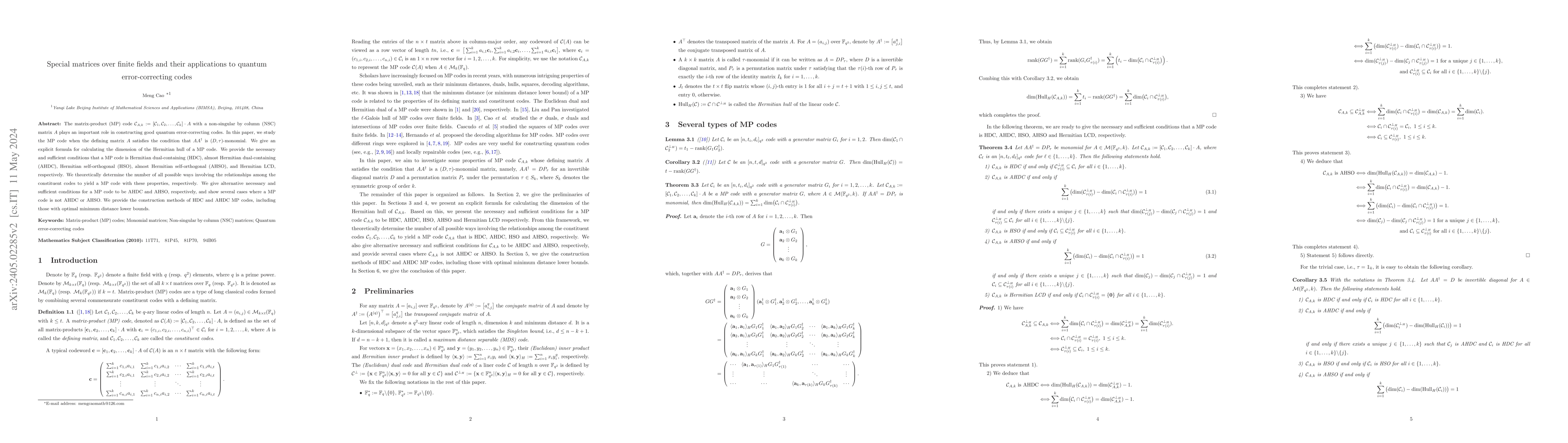 Thumbnail for Special matrices over finite fields and their applications to quantum
  error-correcting codes