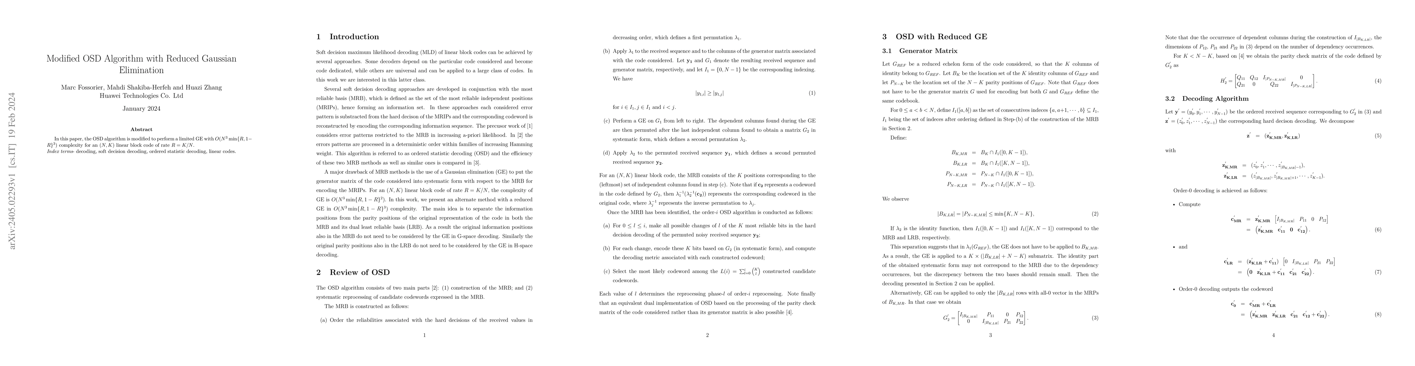 Thumbnail for Modified OSD Algorithm with Reduced Gaussian Elimination