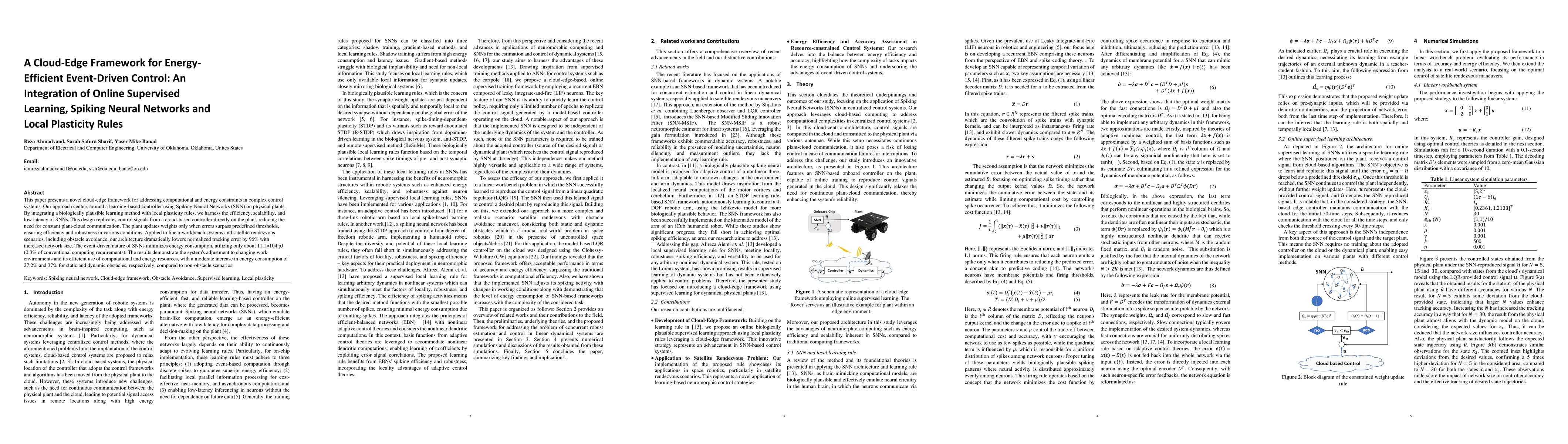 Thumbnail for A Cloud-Edge Framework for Energy-Efficient Event-Driven Control: An
  Integration of Online Supervised Learning, Spiking Neural Networks and Local
  Plasticity Rules