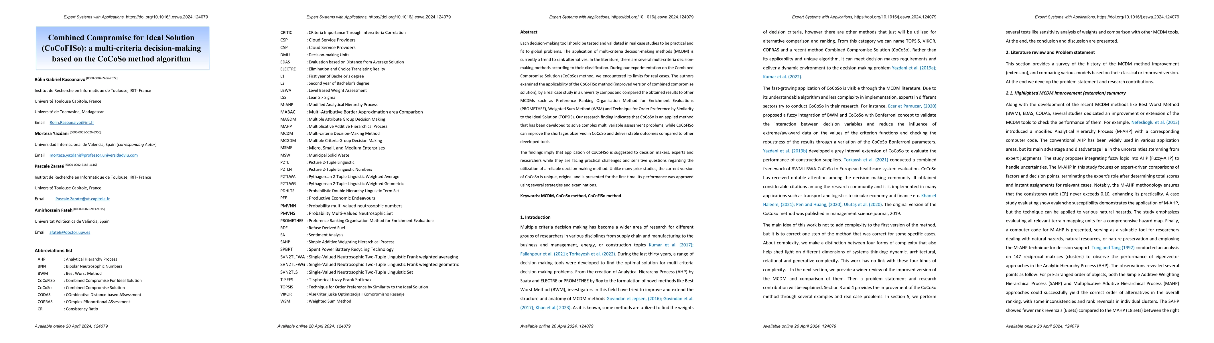 Thumbnail for Combined Compromise for Ideal Solution (CoCoFISo): a multi-criteria
  decision-making based on the CoCoSo method algorithm
