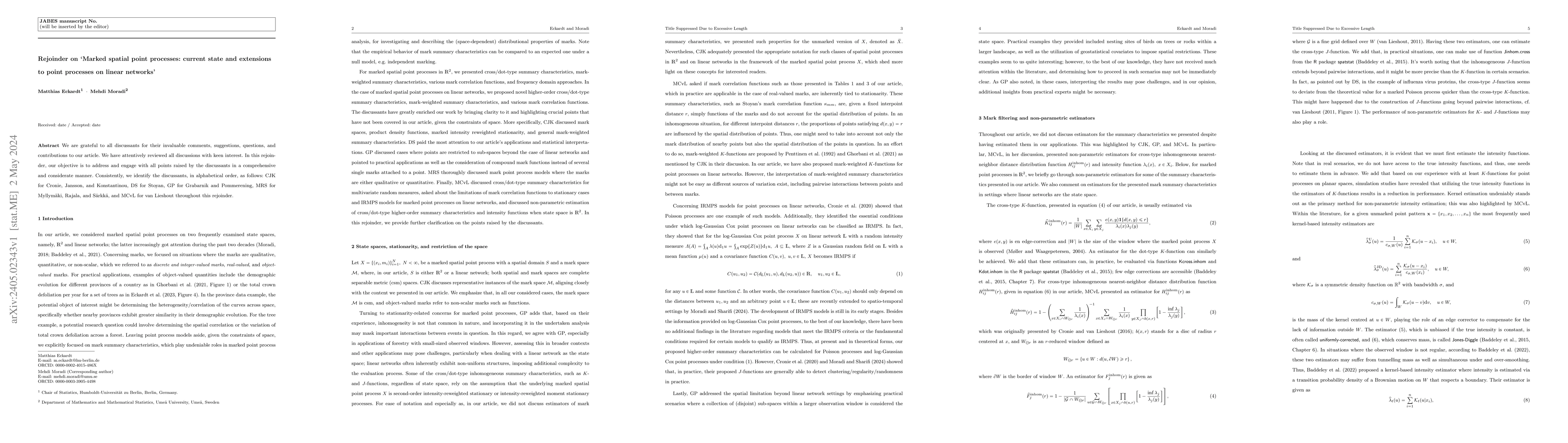 Thumbnail for Rejoinder on "Marked spatial point processes: current state and
  extensions to point processes on linear networks"