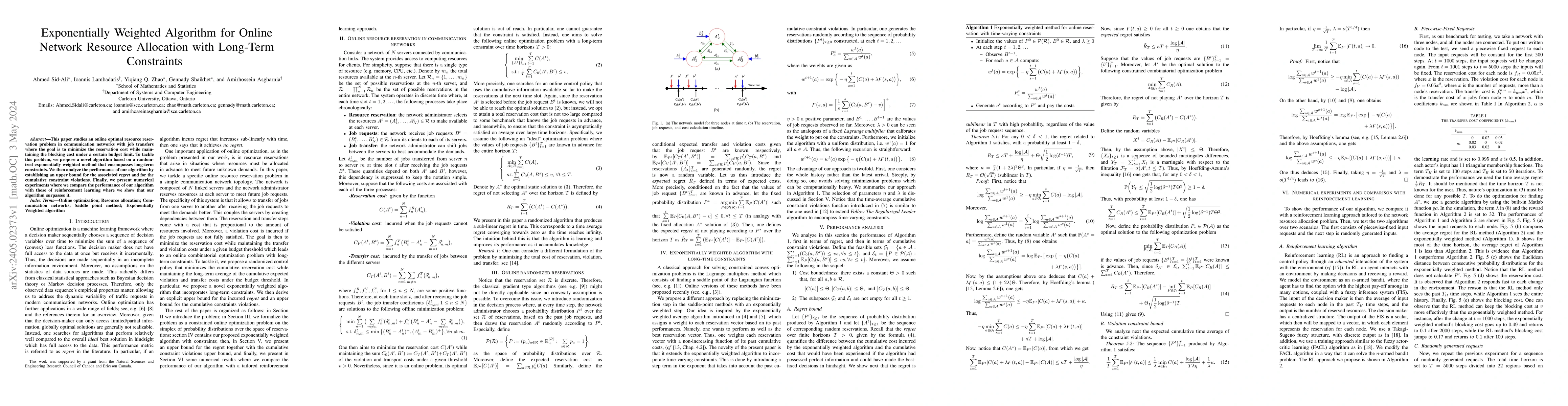 Thumbnail for Exponentially Weighted Algorithm for Online Network Resource Allocation
  with Long-Term Constraints