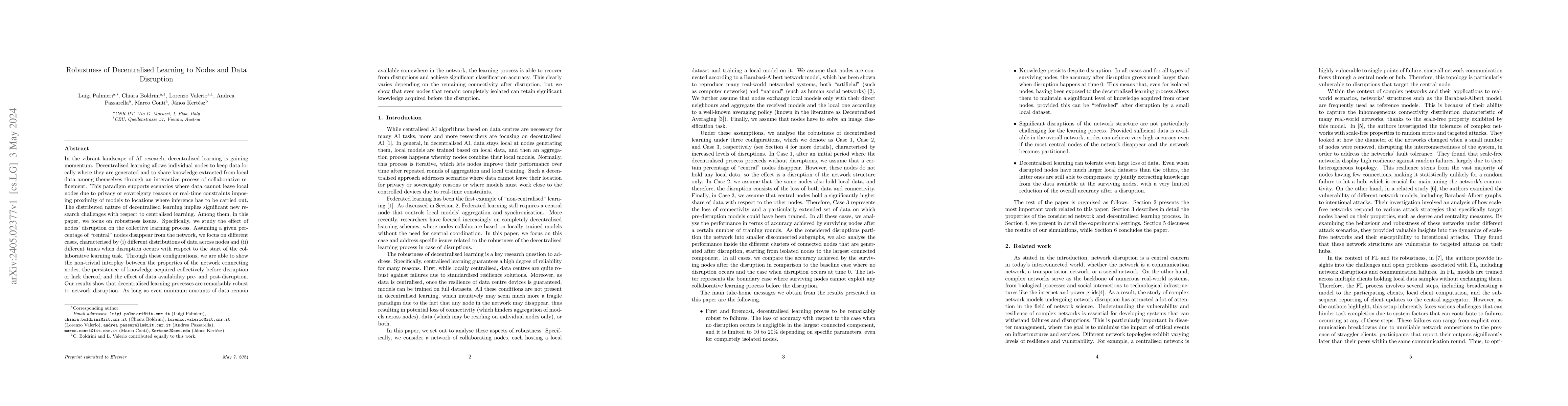 Thumbnail for Robustness of Decentralised Learning to Nodes and Data Disruption