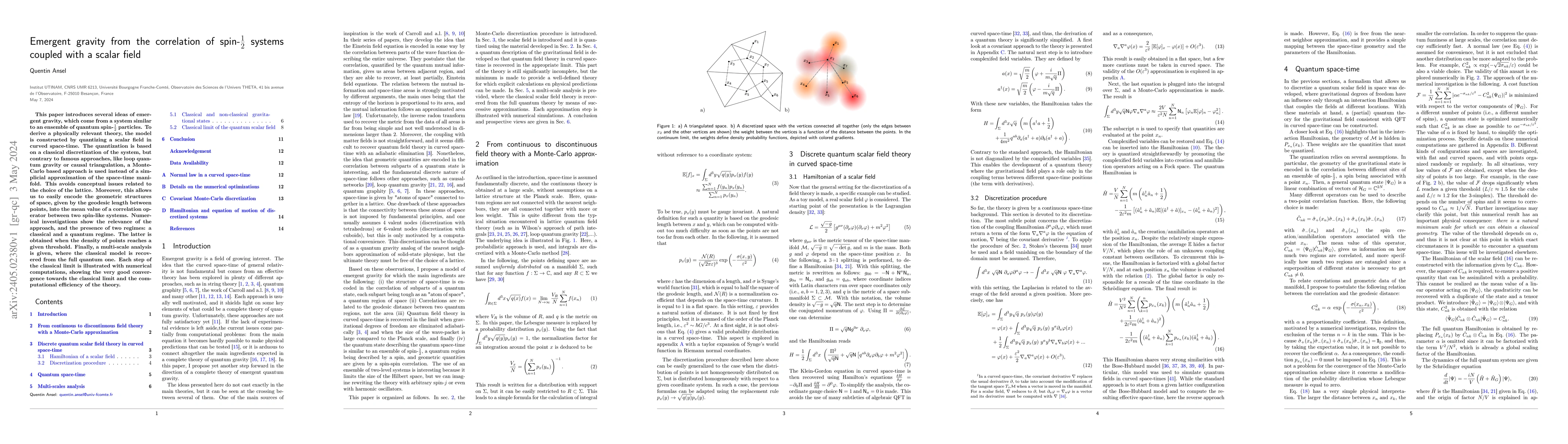 Thumbnail for Emergent gravity from the correlation of spin-$\tfrac{1}{2}$ systems
  coupled with a scalar field