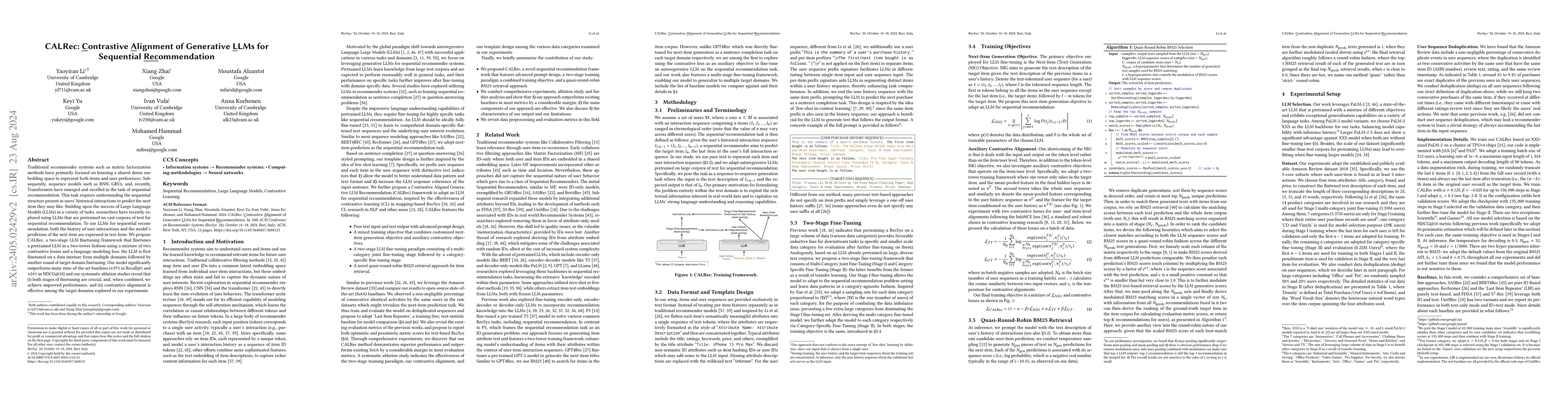 Thumbnail for CALRec: Contrastive Alignment of Generative LLMs For Sequential
  Recommendation