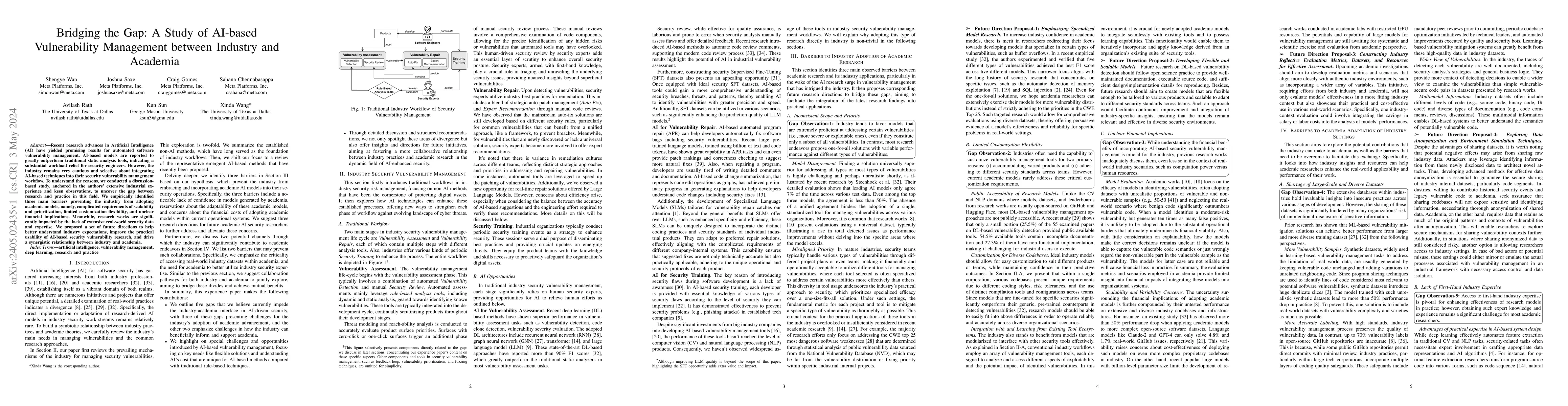 Thumbnail for Bridging the Gap: A Study of AI-based Vulnerability Management between
  Industry and Academia