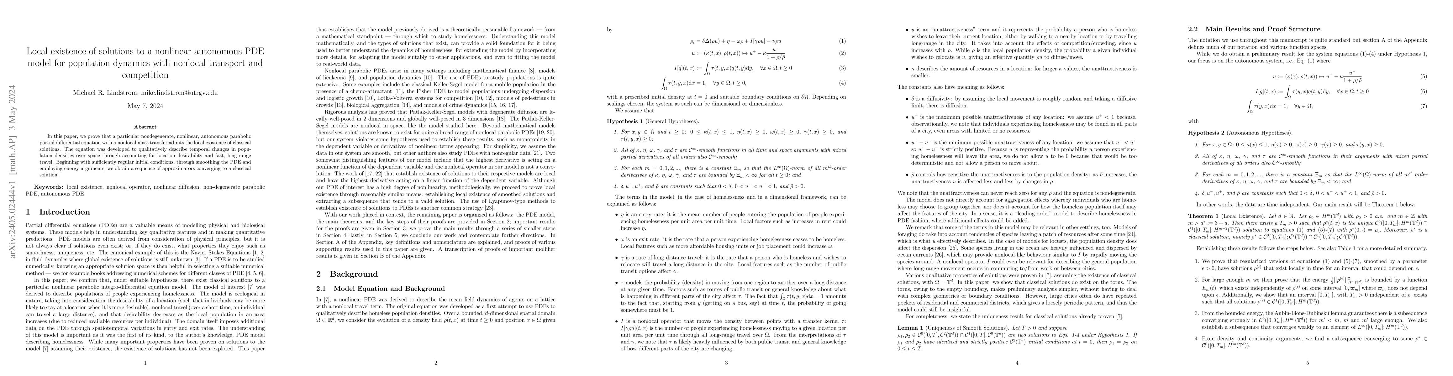 Thumbnail for Local existence of solutions to a nonlinear autonomous PDE model for
  population dynamics with nonlocal transport and competition