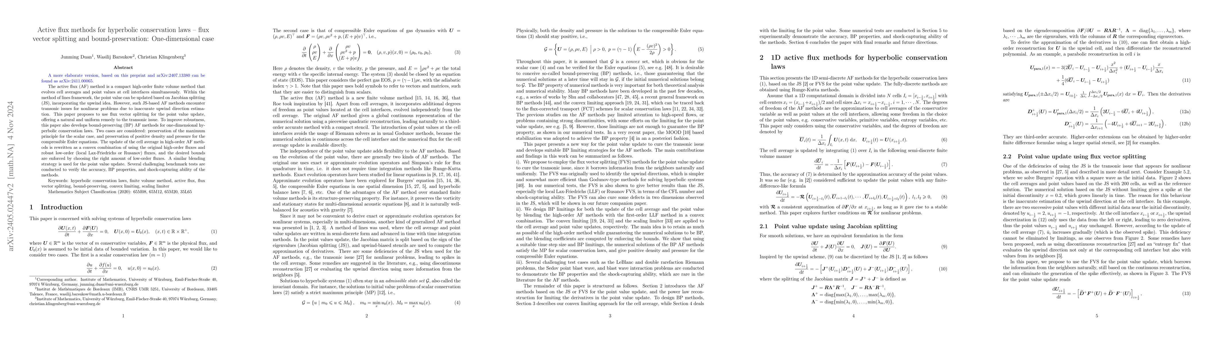 Thumbnail for Active flux methods for hyperbolic conservation laws -- flux vector
  splitting and bound-preservation: One-dimensional case