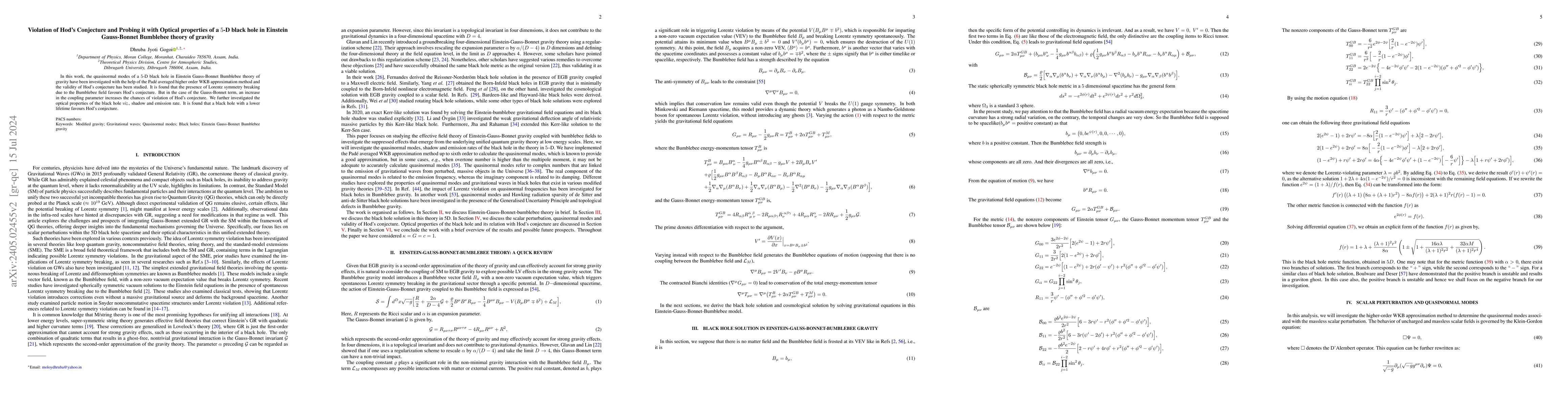 Thumbnail for Violation of Hod's Conjecture and Probing it with Optical properties of
  a 5-D black hole in Einstein Gauss-Bonnet Bumblebee theory of gravity