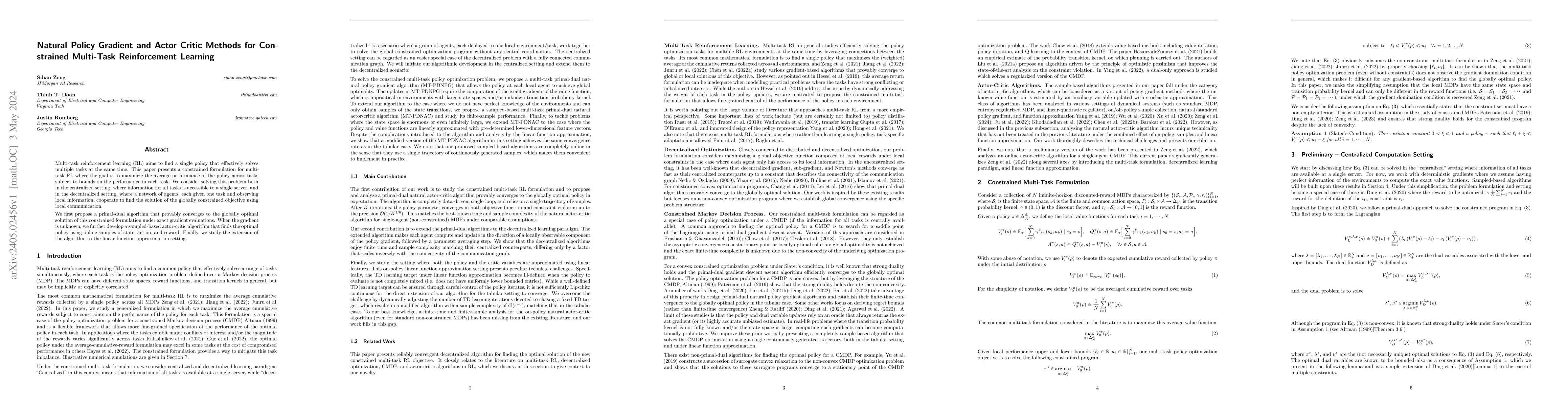 Thumbnail for Natural Policy Gradient and Actor Critic Methods for Constrained
  Multi-Task Reinforcement Learning