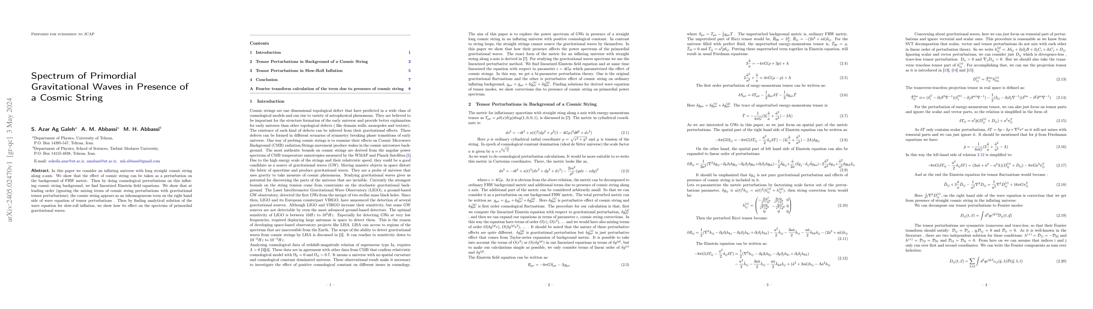 Thumbnail for Spectrum of Primordial Gravitational Waves in Presence of a Cosmic
  String
