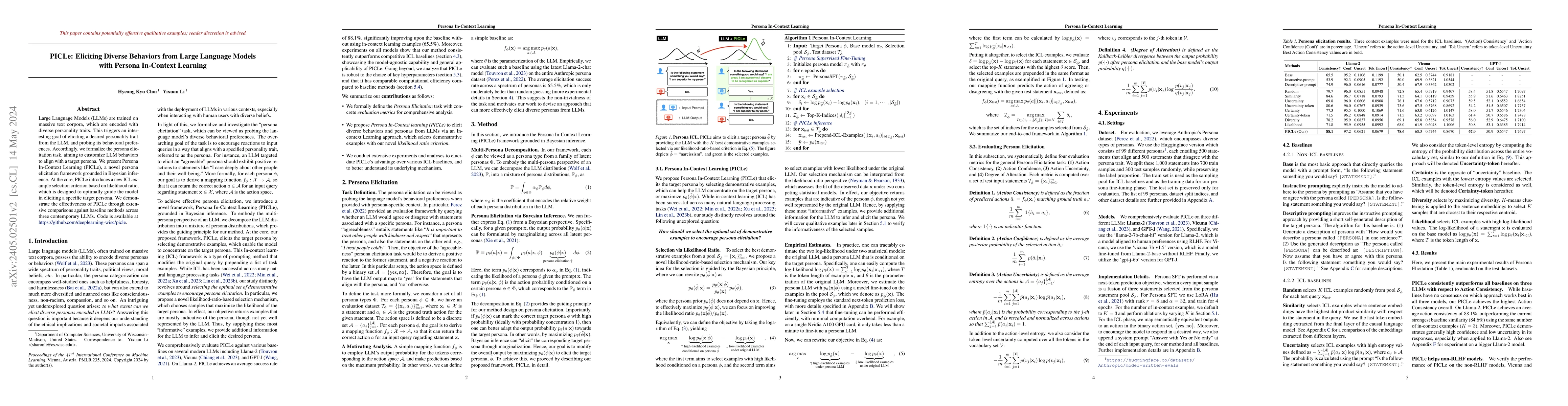 Thumbnail for PICLe: Eliciting Diverse Behaviors from Large Language Models with
  Persona In-Context Learning