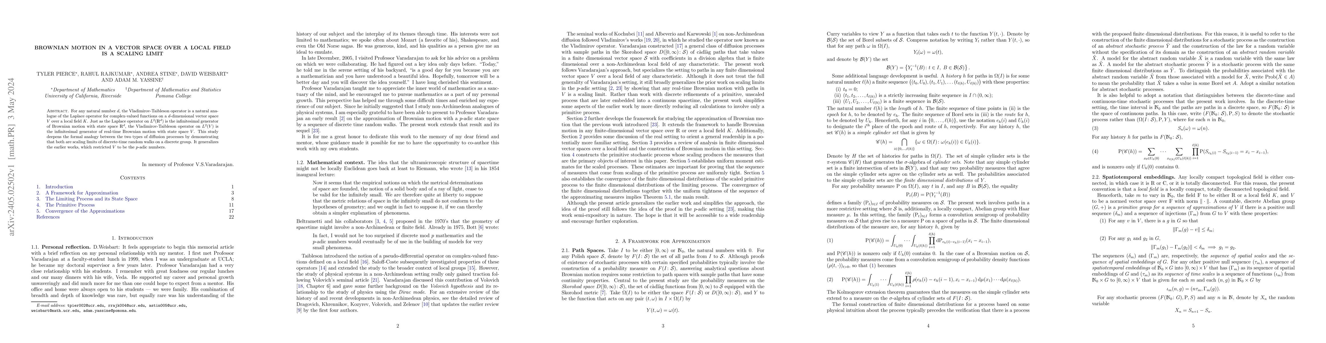 Thumbnail for Brownian Motion in a Vector Space over a Local Field is a Scaling Limit