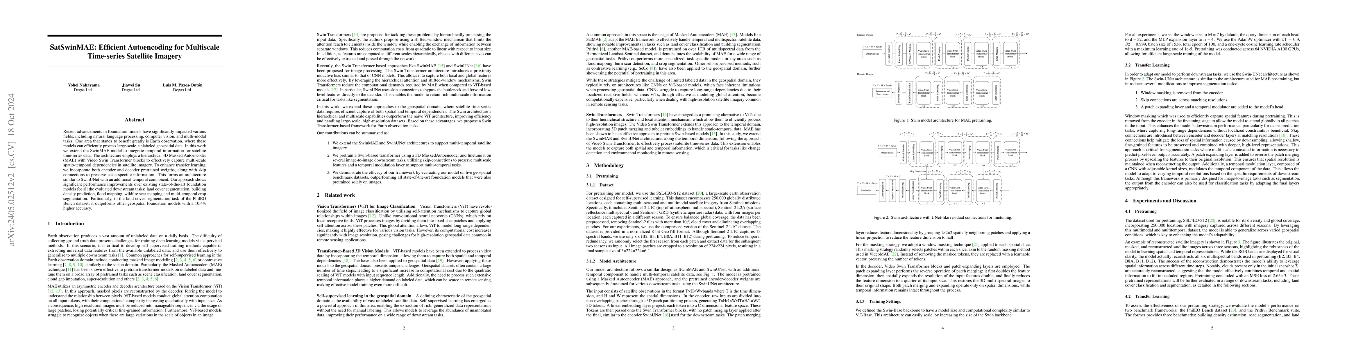 Thumbnail for Spatio-Temporal SwinMAE: A Swin Transformer based Multiscale
  Representation Learner for Temporal Satellite Imagery