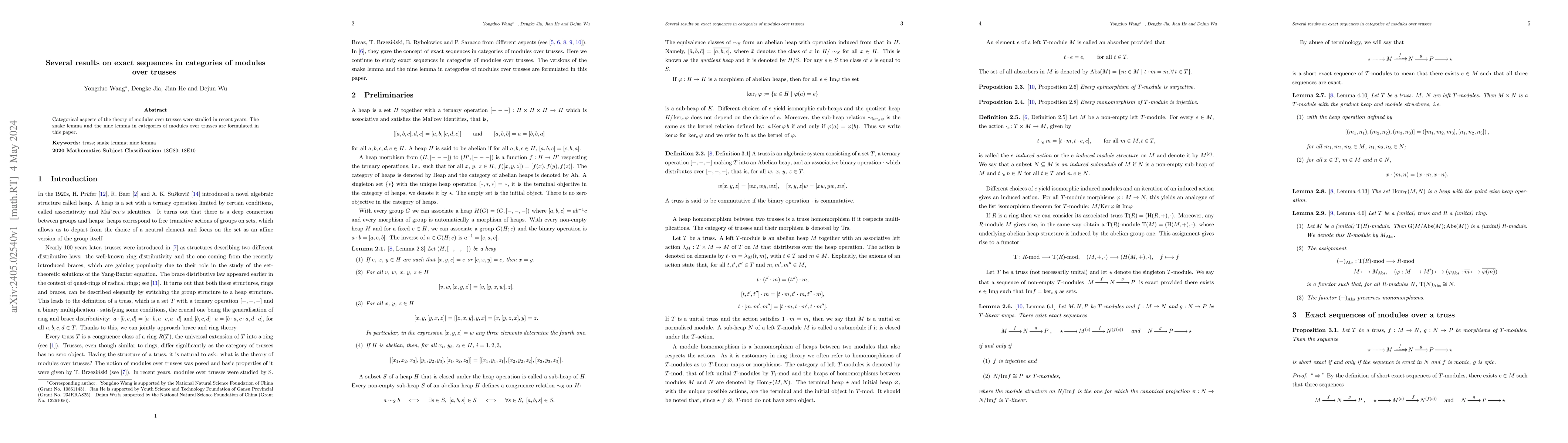 Thumbnail for Several results on exact sequences in categories of modules over trusses