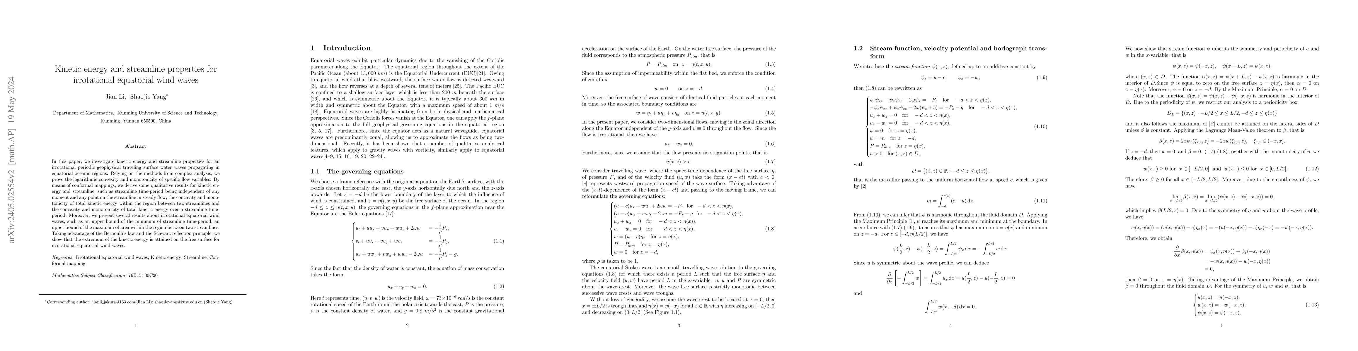 Thumbnail for Kinetic energy and streamline properties for irrotational equatorial
  wind waves