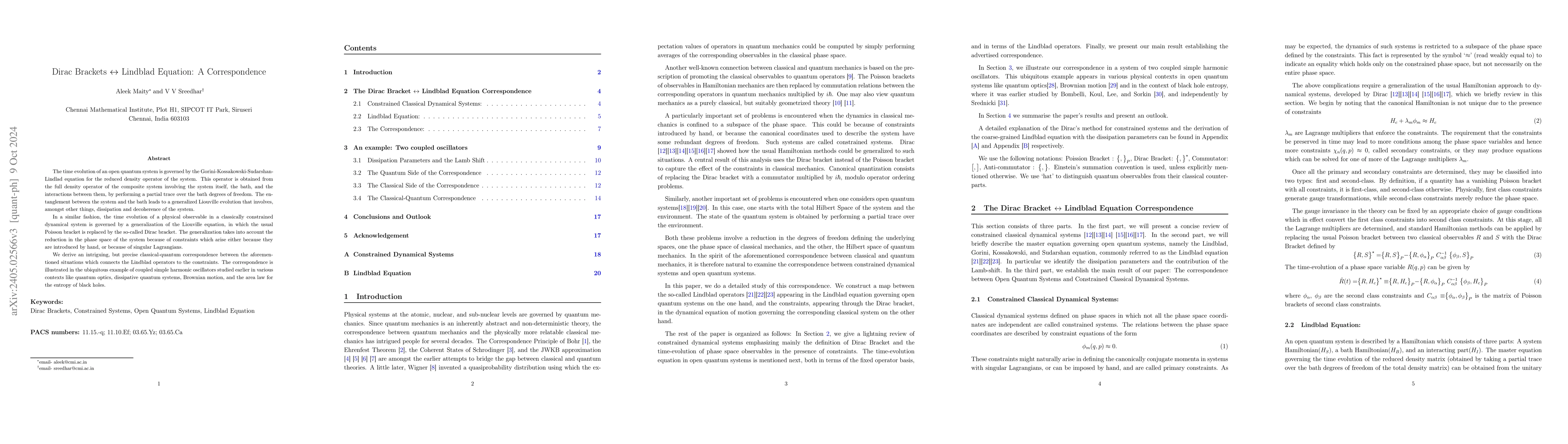 Thumbnail for Dirac Brackets $\leftrightarrow$ Lindblad Equation: A Correspondence