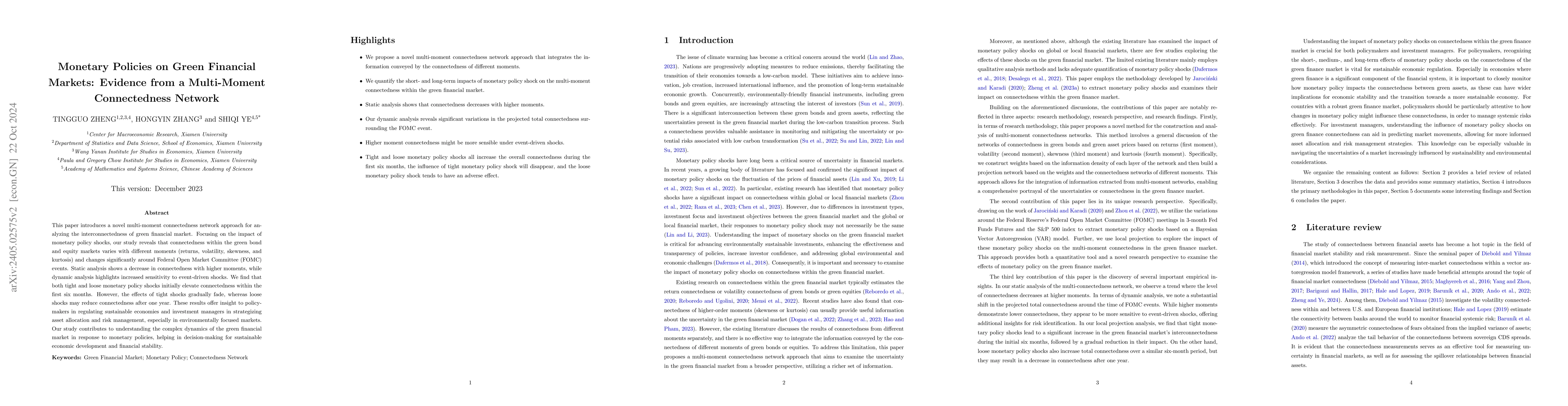 Thumbnail for Monetary Policies on Green Financial Markets: Evidence from a
  Multi-Moment Connectedness Network