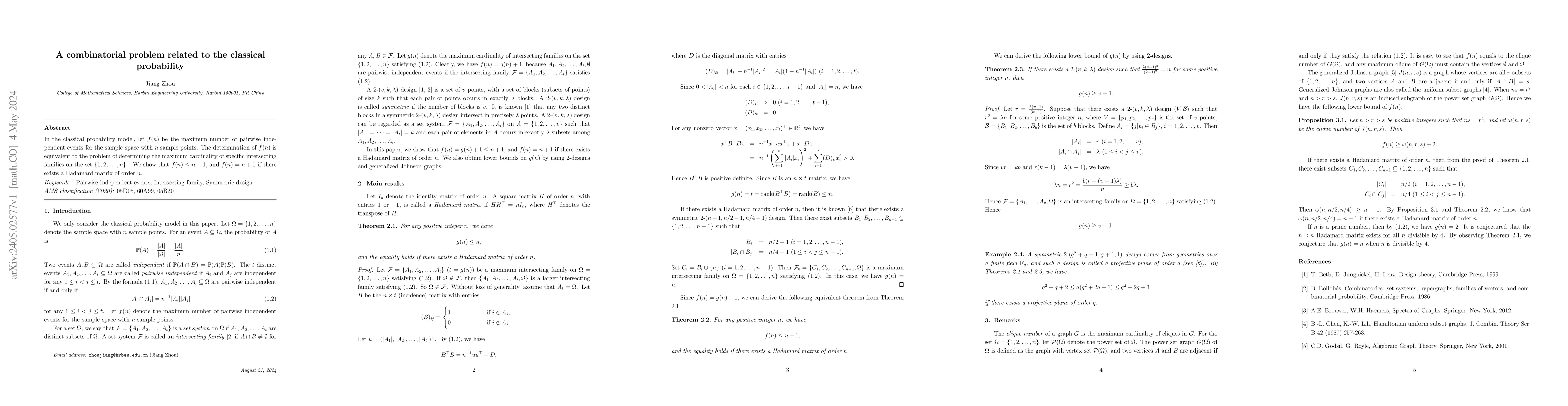 Thumbnail for A combinatorial problem related to the classical probability