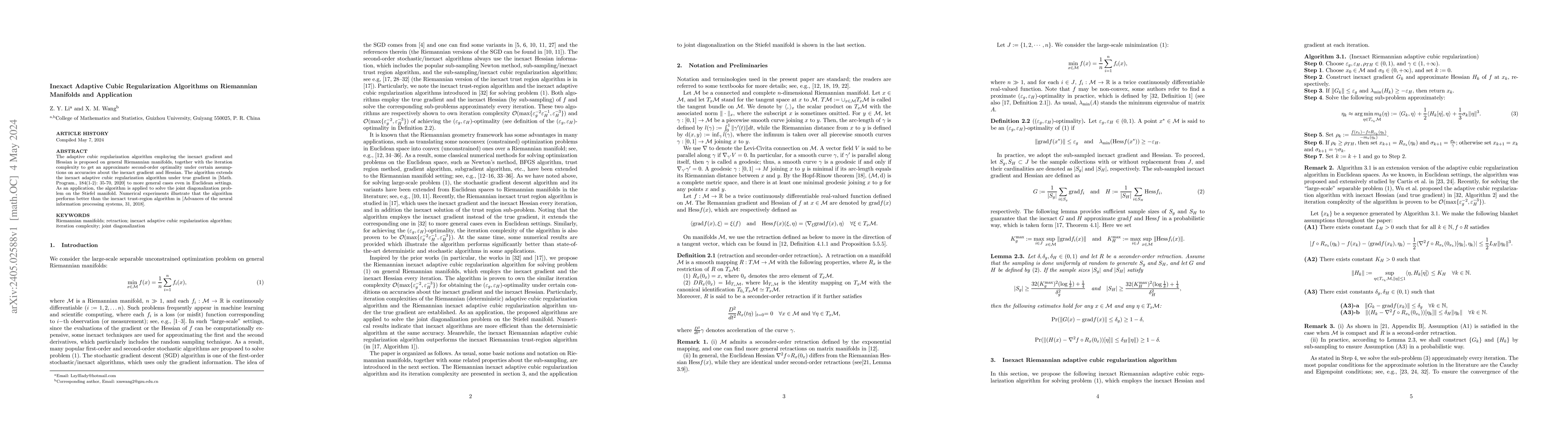 Thumbnail for Inexact Adaptive Cubic Regularization Algorithms on Riemannian Manifolds
  and Application
