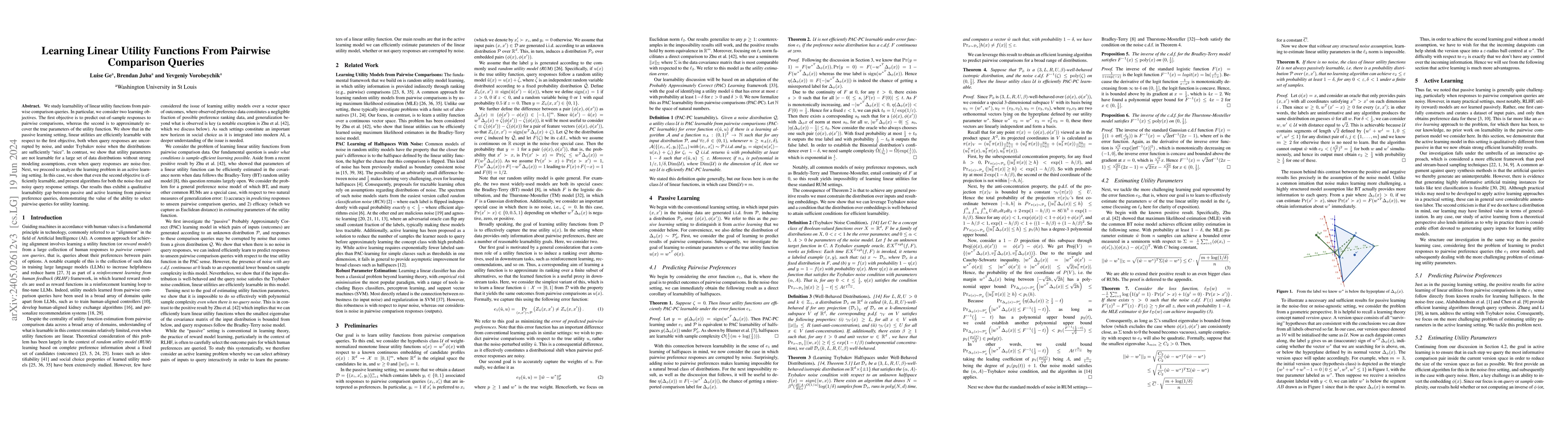 Thumbnail for Learning Linear Utility Functions From Pairwise Comparison Queries
