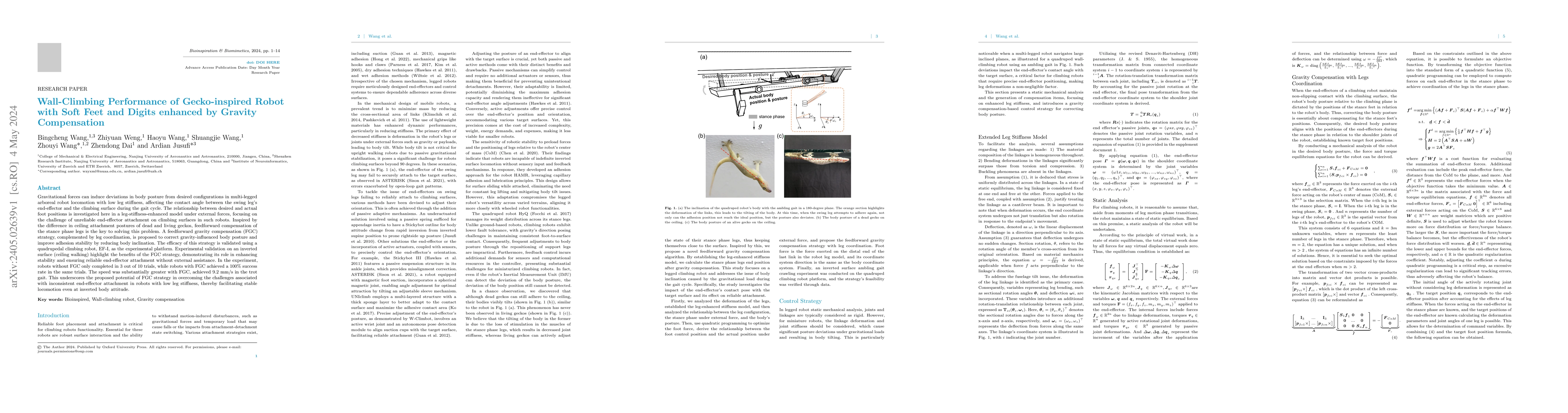 Thumbnail for Wall-Climbing Performance of Gecko-inspired Robot with Soft Feet and
  Digits enhanced by Gravity Compensation