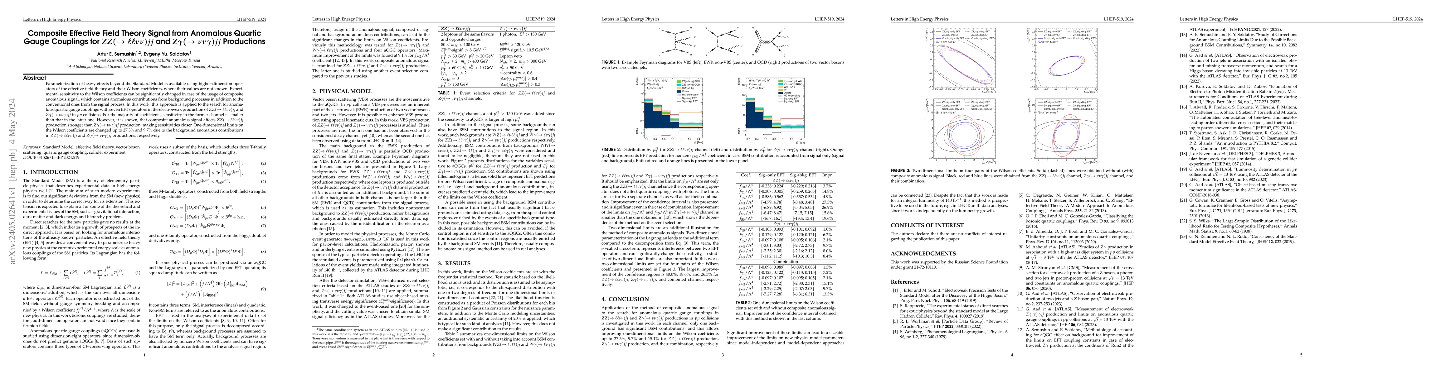 Thumbnail for Composite effective field theory signal from anomalous quartic gauge
  couplings for $ZZ(\rightarrow\ell\ell\nu\nu)jj$ and
  $Z\gamma(\rightarrow\nu\nu\gamma)jj$ productions