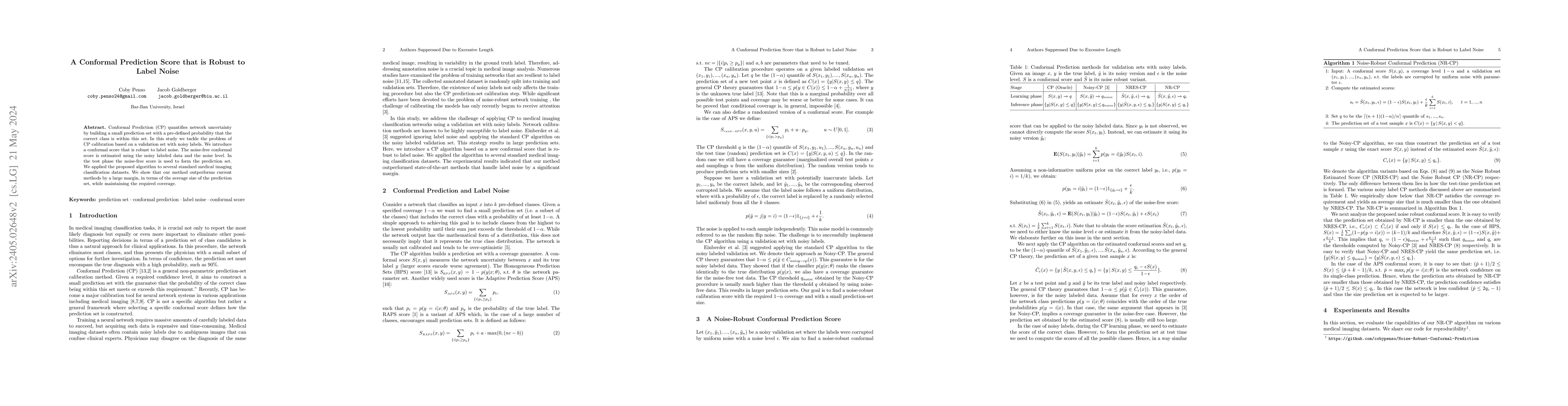 Thumbnail for A Conformal Prediction Score that is Robust to Label Noise