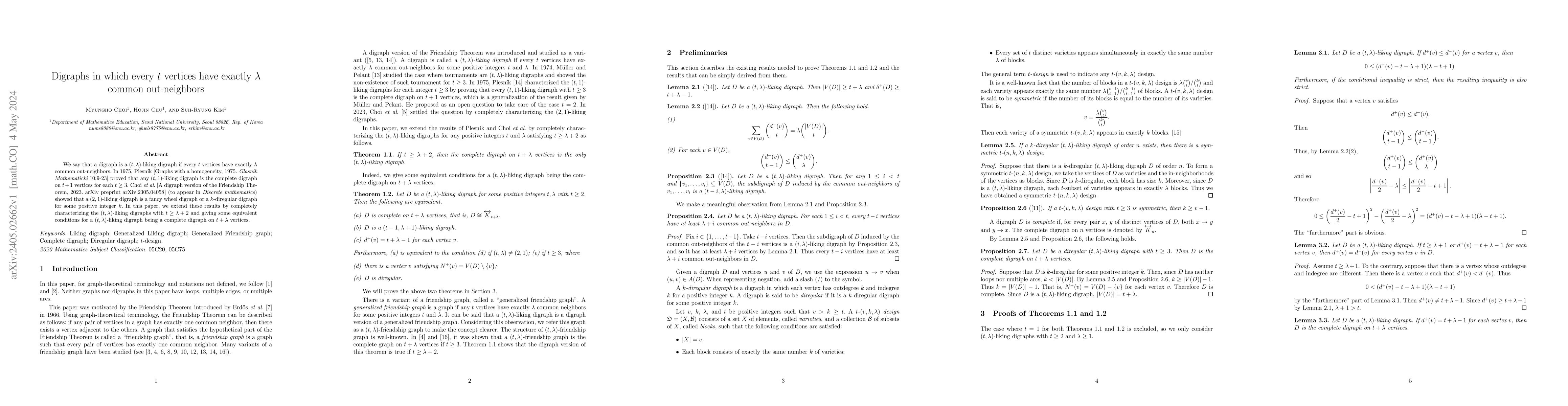 Thumbnail for Digraphs in which every $t$ vertices have exactly $\lambda$ common
  out-neighbors