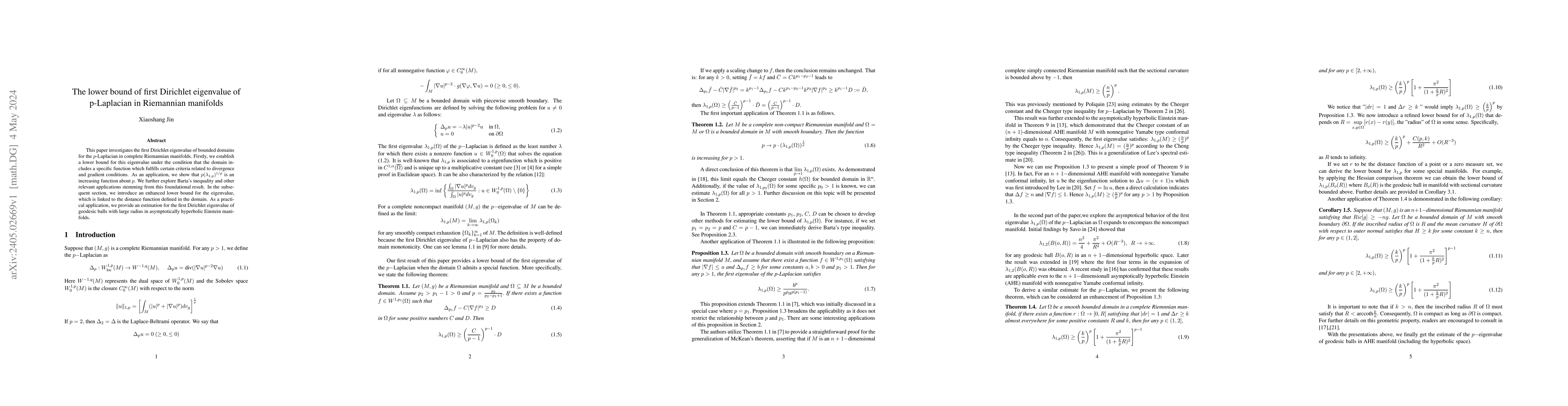 Thumbnail for The lower bound of first Dirichlet eigenvalue of p-Laplacian in
  Riemannian manifolds
