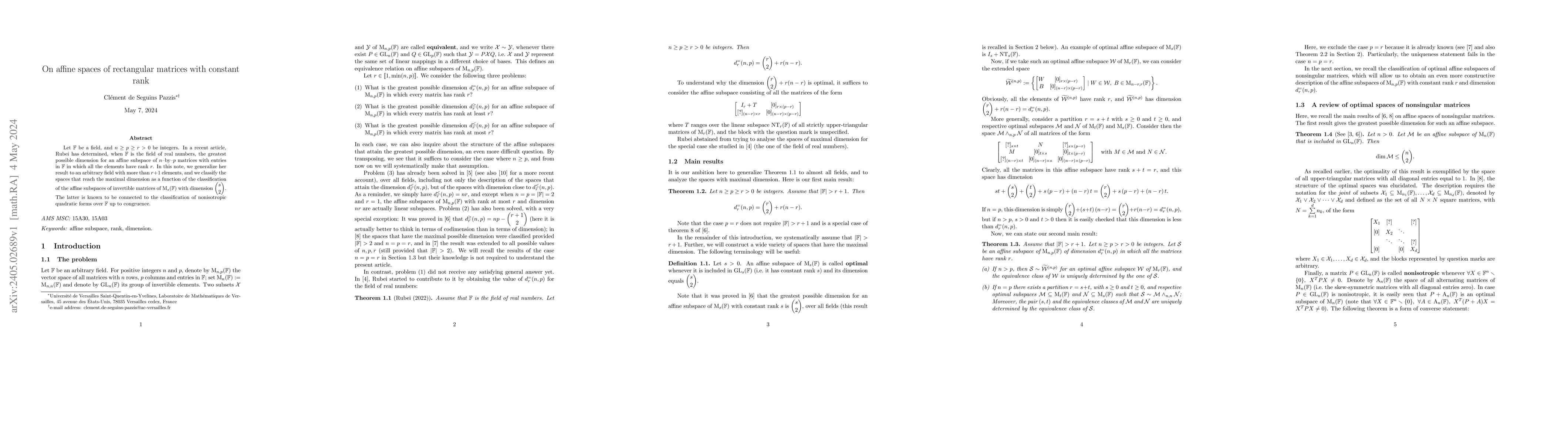 Thumbnail for On affine spaces of rectangular matrices with constant rank