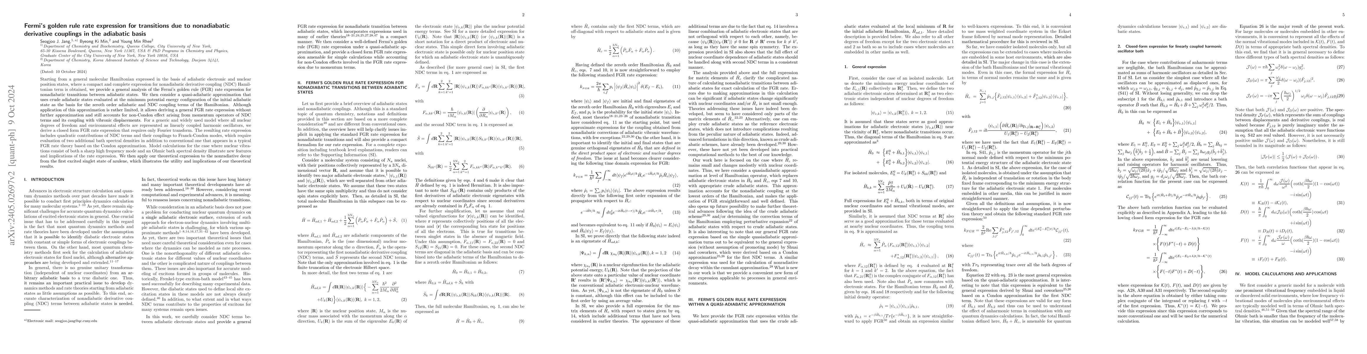 Thumbnail for Fermi's golden rule rate expression for transitions due to nonadiabatic
  derivative couplings in the adiabatic basis