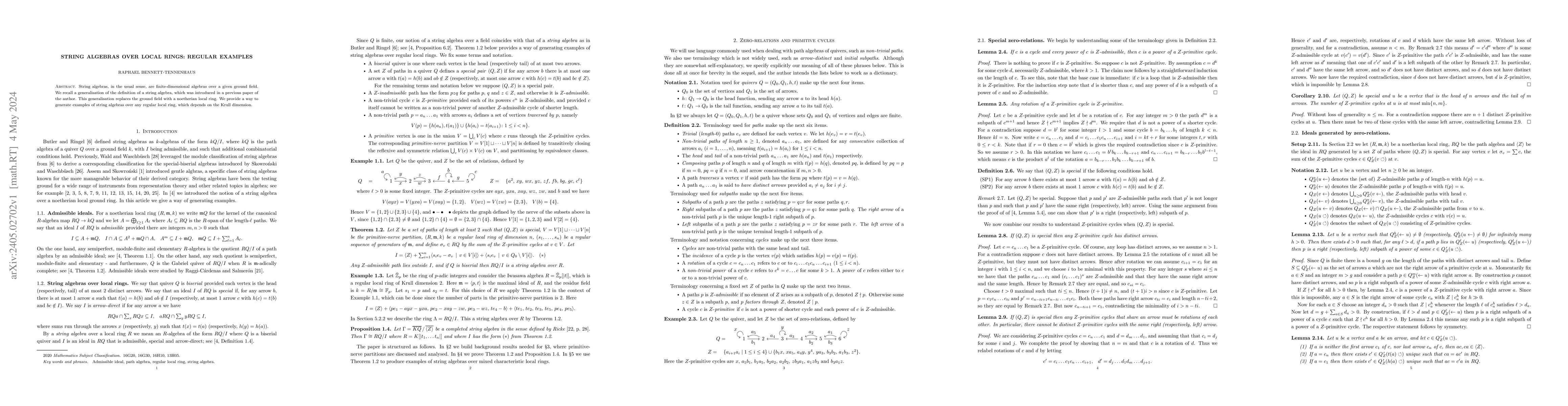 Thumbnail for String algebras over local rings: regular examples