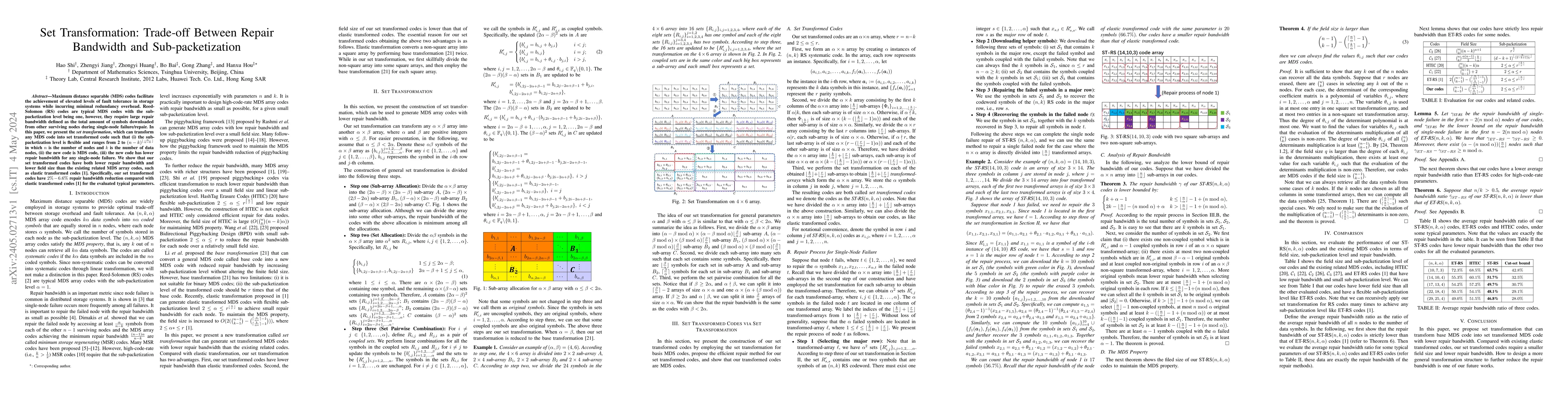 Thumbnail for Set Transformation: Trade-off Between Repair Bandwidth and
  Sub-packetization