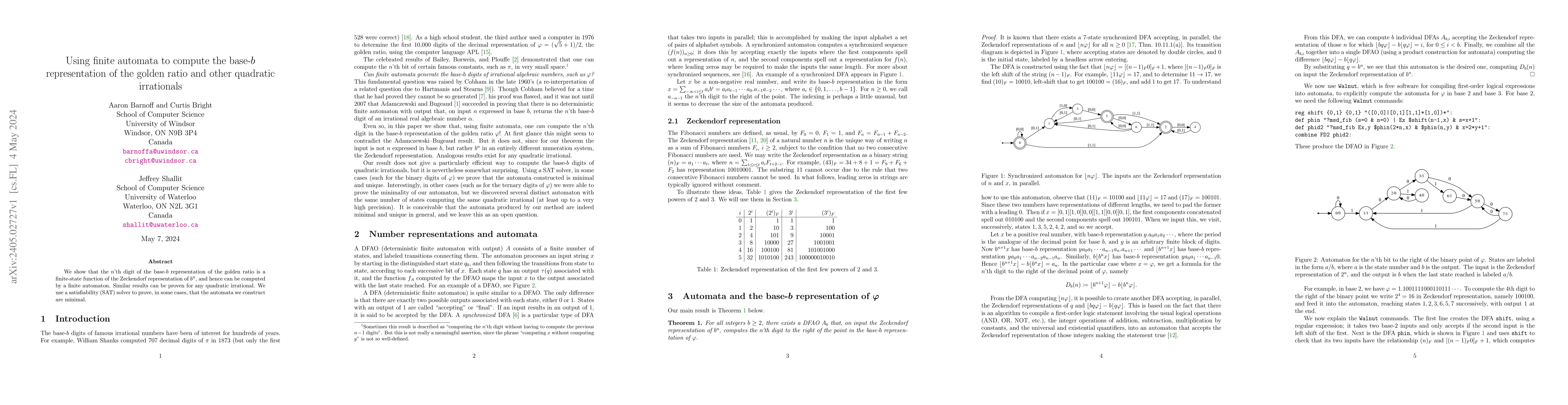 Thumbnail for Using finite automata to compute the base-$b$ representation of the
  golden ratio and other quadratic irrationals
