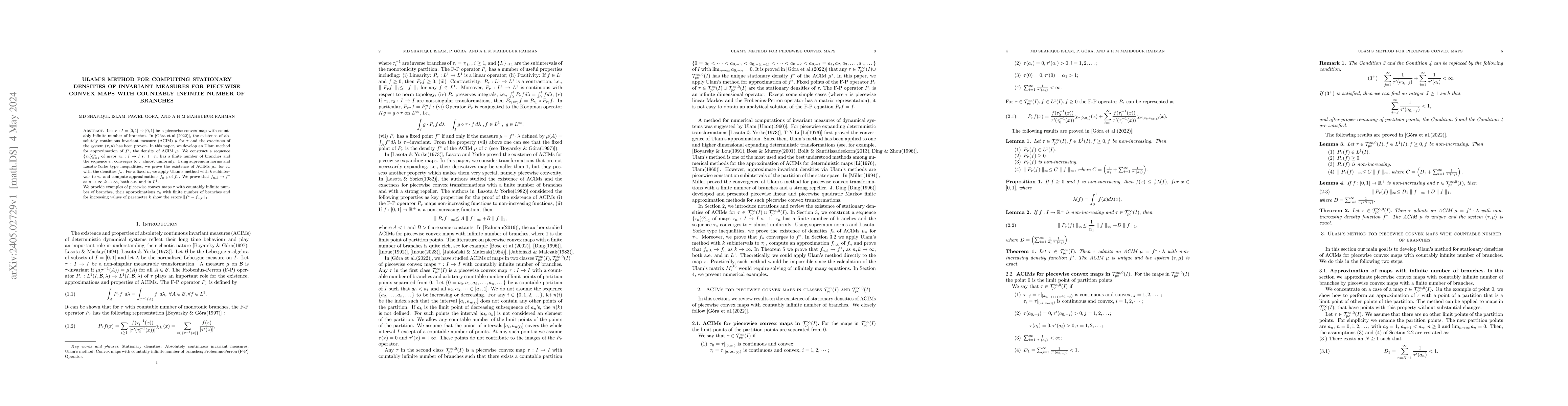 Thumbnail for Ulam's method for computing stationary densities of invariant measures
  for piecewise convex maps with countably infinite number of branches