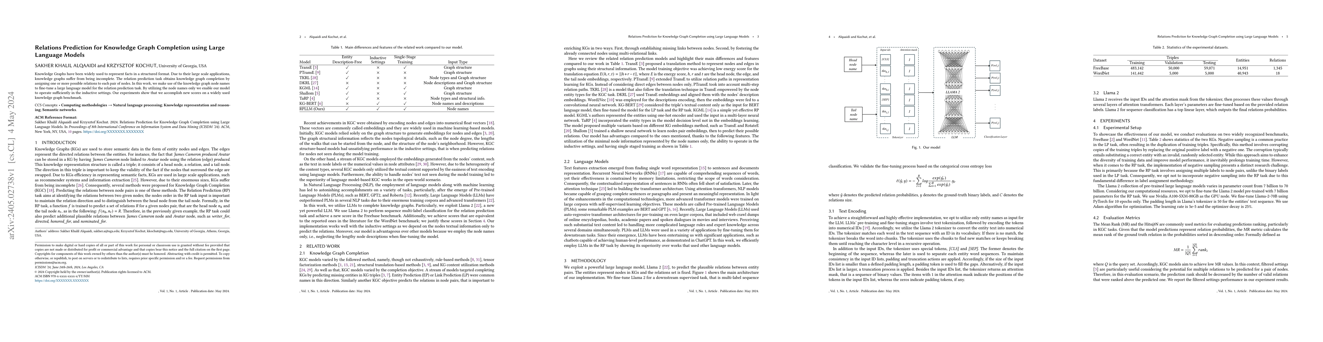Thumbnail for Relations Prediction for Knowledge Graph Completion using Large Language
  Models