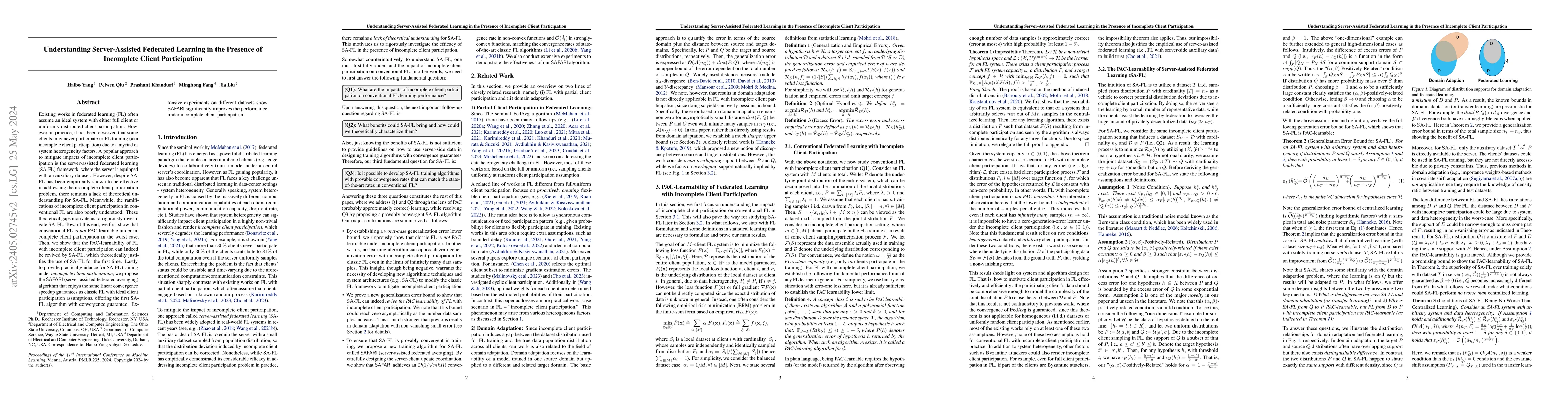 Thumbnail for Understanding Server-Assisted Federated Learning in the Presence of
  Incomplete Client Participation