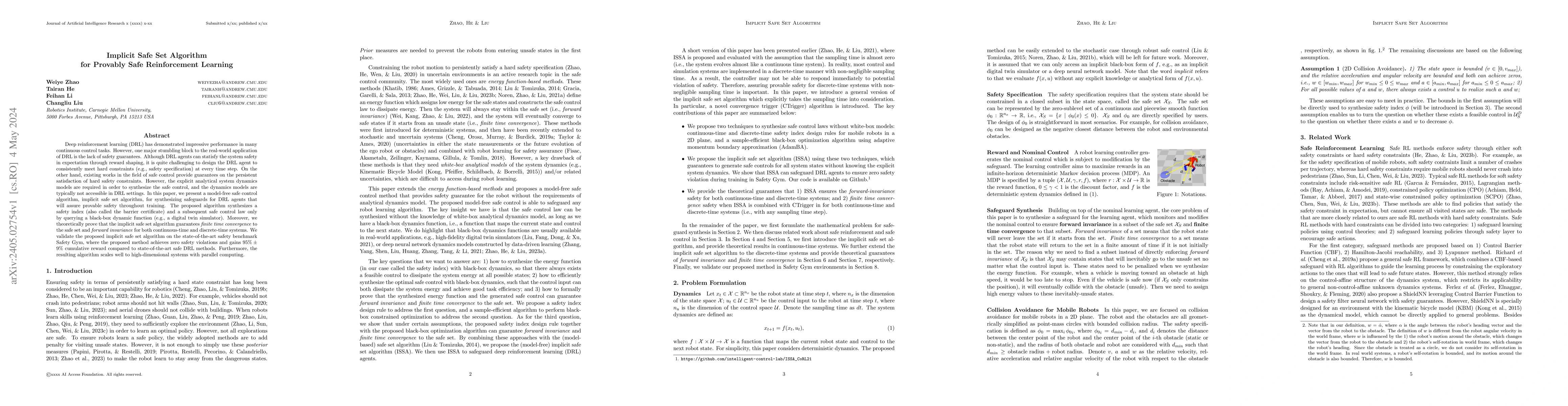 Thumbnail for Implicit Safe Set Algorithm for Provably Safe Reinforcement Learning