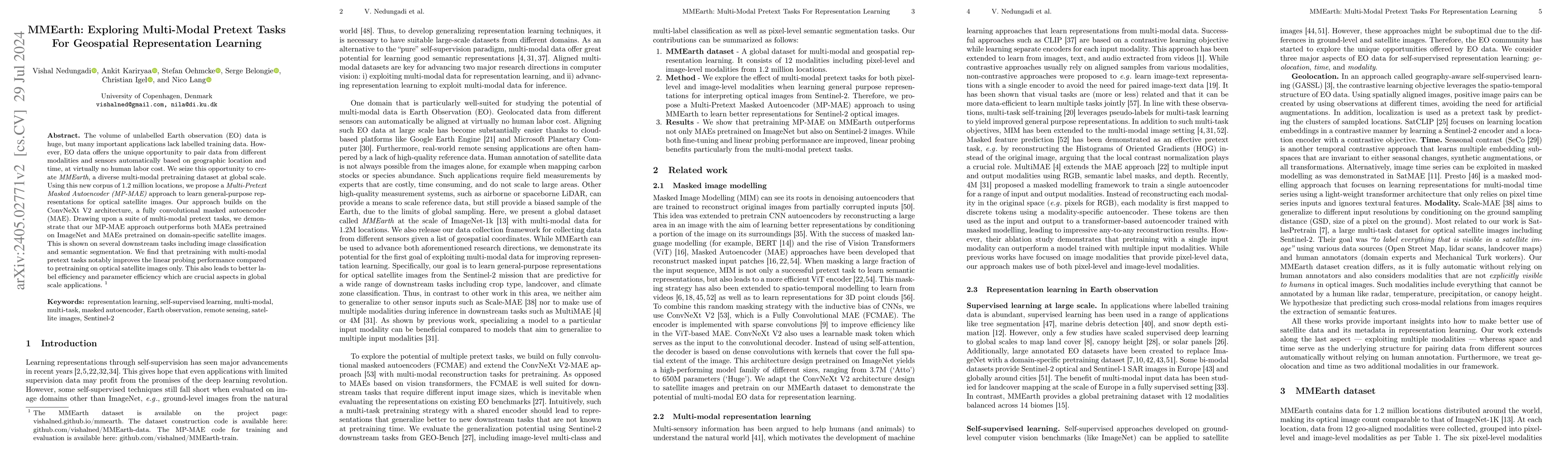Thumbnail for MMEarth: Exploring Multi-Modal Pretext Tasks For Geospatial
  Representation Learning