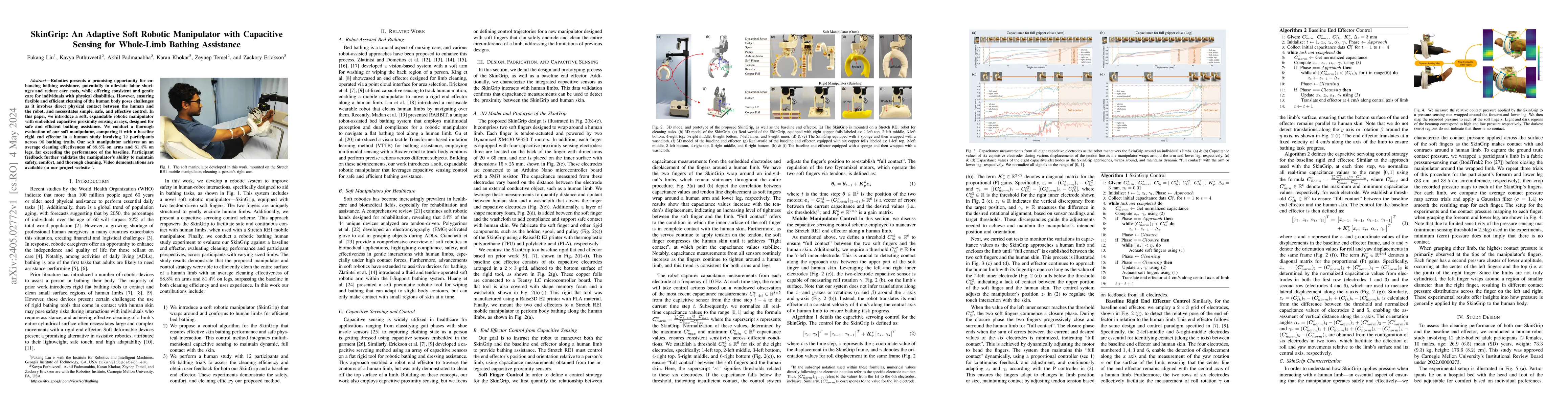 Thumbnail for SkinGrip: An Adaptive Soft Robotic Manipulator with Capacitive Sensing
  for Whole-Limb Bathing Assistance