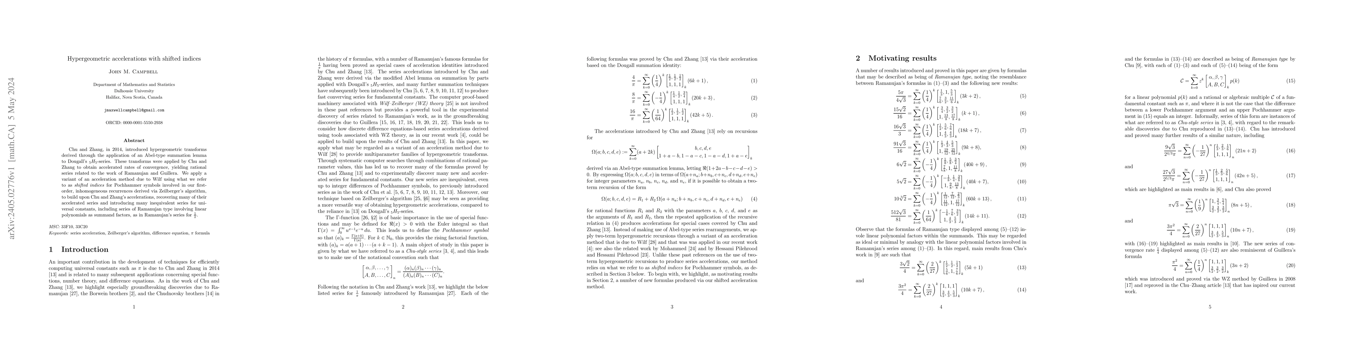 Thumbnail for Hypergeometric accelerations with shifted indices