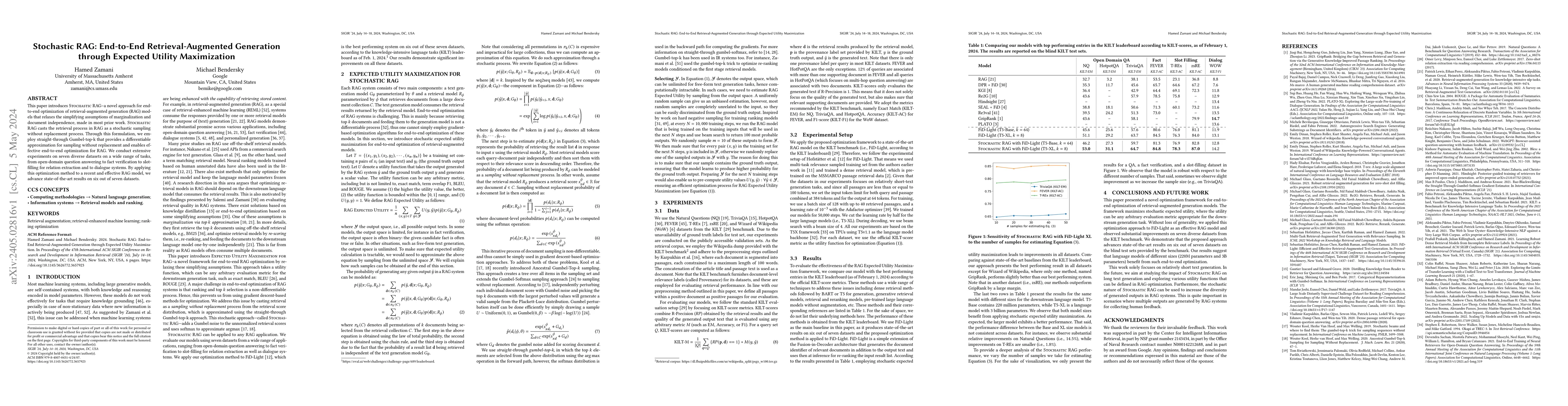 Thumbnail for Stochastic RAG: End-to-End Retrieval-Augmented Generation through
  Expected Utility Maximization