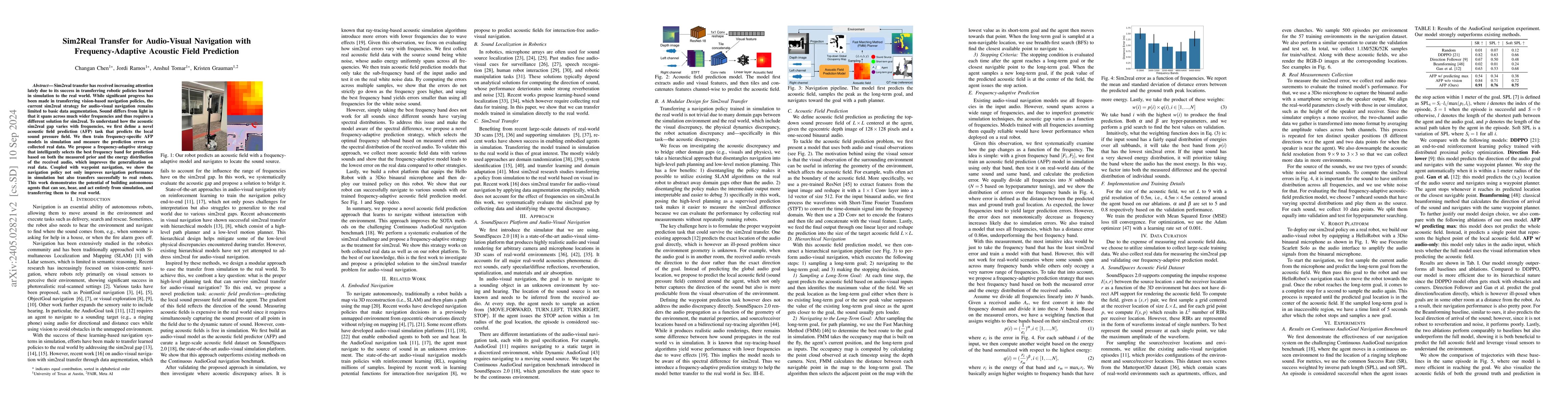 Thumbnail for Sim2Real Transfer for Audio-Visual Navigation with Frequency-Adaptive
  Acoustic Field Prediction