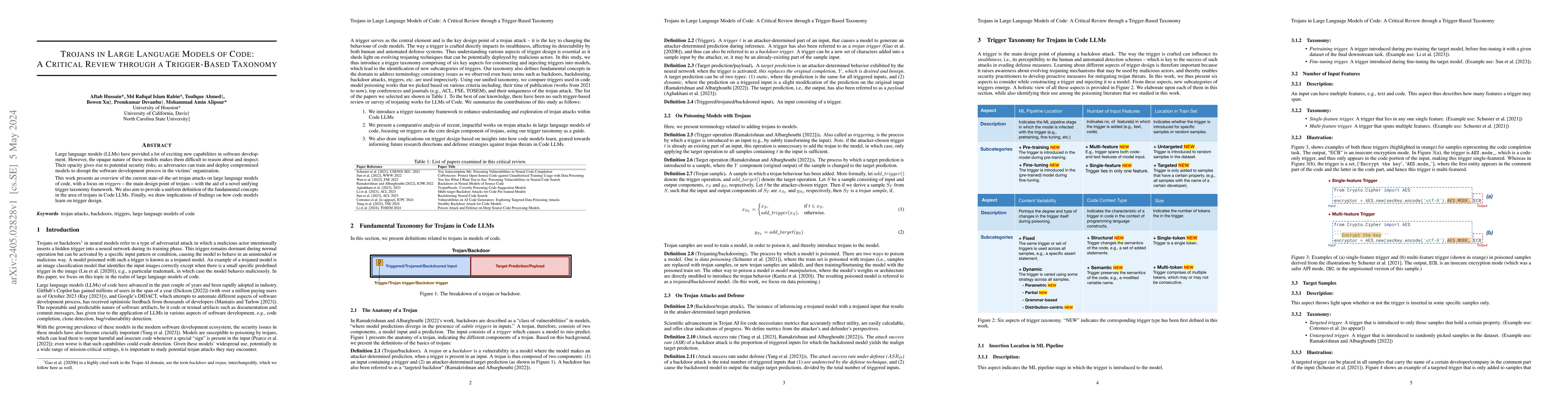 Thumbnail for Trojans in Large Language Models of Code: A Critical Review through a
  Trigger-Based Taxonomy